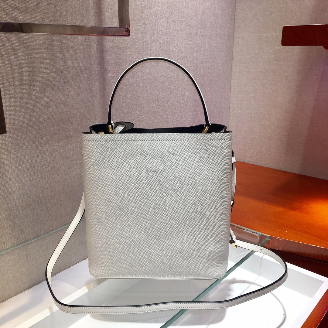 Prada Medium Panier Saffiano Leather Bag White/Black 1BA212